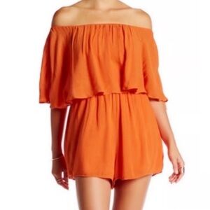 Tangerine Orange off shoulder Ruffled Romper, Size Small used $10.00